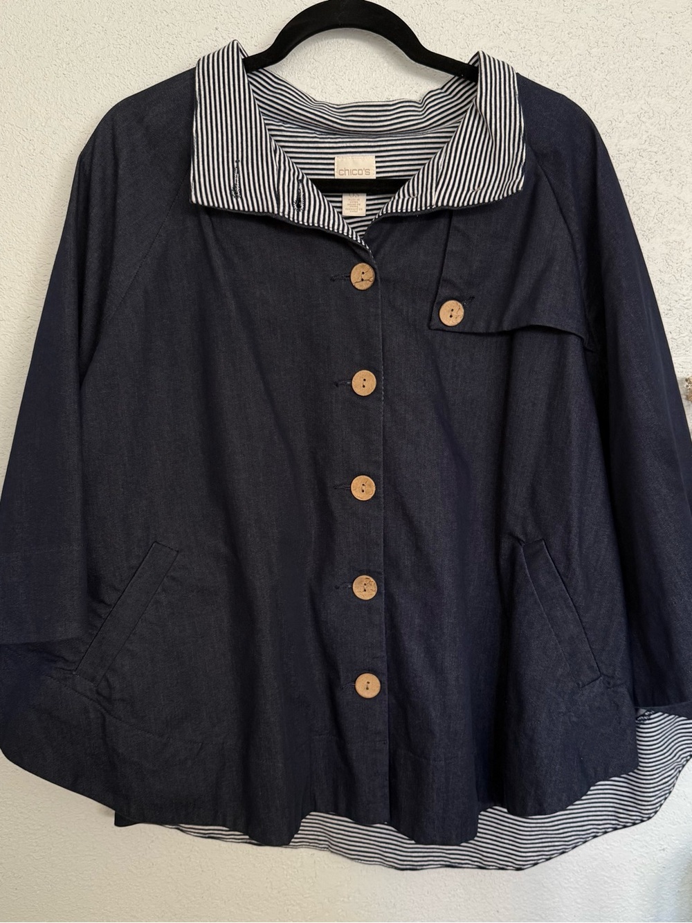 Chico's Navy Button Cape with Striped Lining